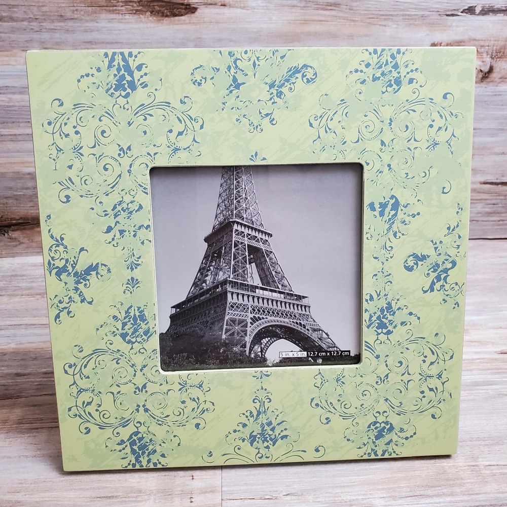 Schurman Lime Green Blue Damask 5x5 Square Picture Frame Tabletop Decor 739057